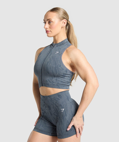 Gymshark Adapt Camo Seamless Zip Up Crop Top - Titanium Blue/Denim Grey