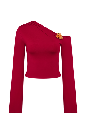 Ainsley Asymmetrical Long Sleeve Top With Floral Hardware - Fuchsia Pink