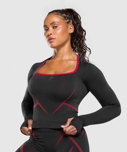 Gymshark Apex Lift Seamless Long Sleeve Crop Top - Black/Carmine Red
