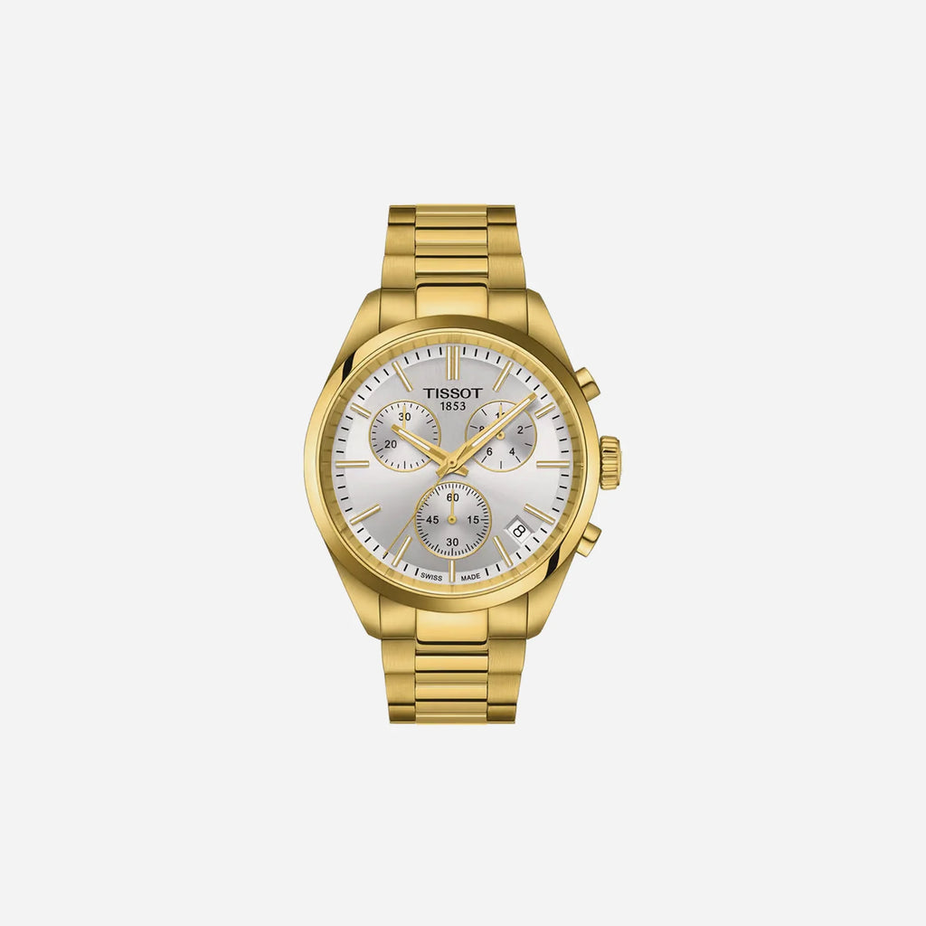 Tissot PR 100 Chronograph Silver Dial Yellow Gold PVD Stainless Steel Quartz Watch