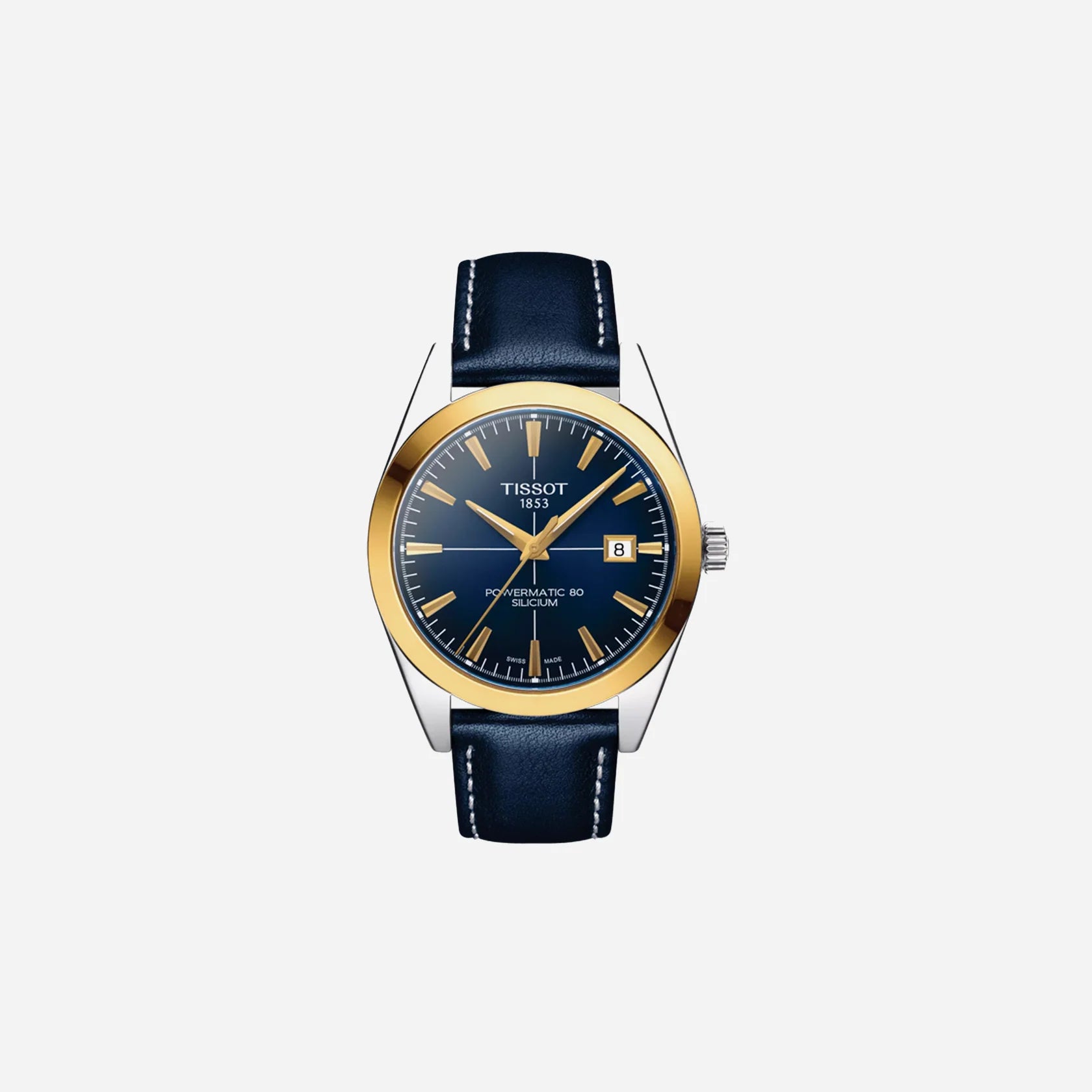 Tissot Gentleman Powermatic 80 Silicium Solid 18K Gold Bezel Blue Dial 40mm Blue Leather Strap Automatic Watch