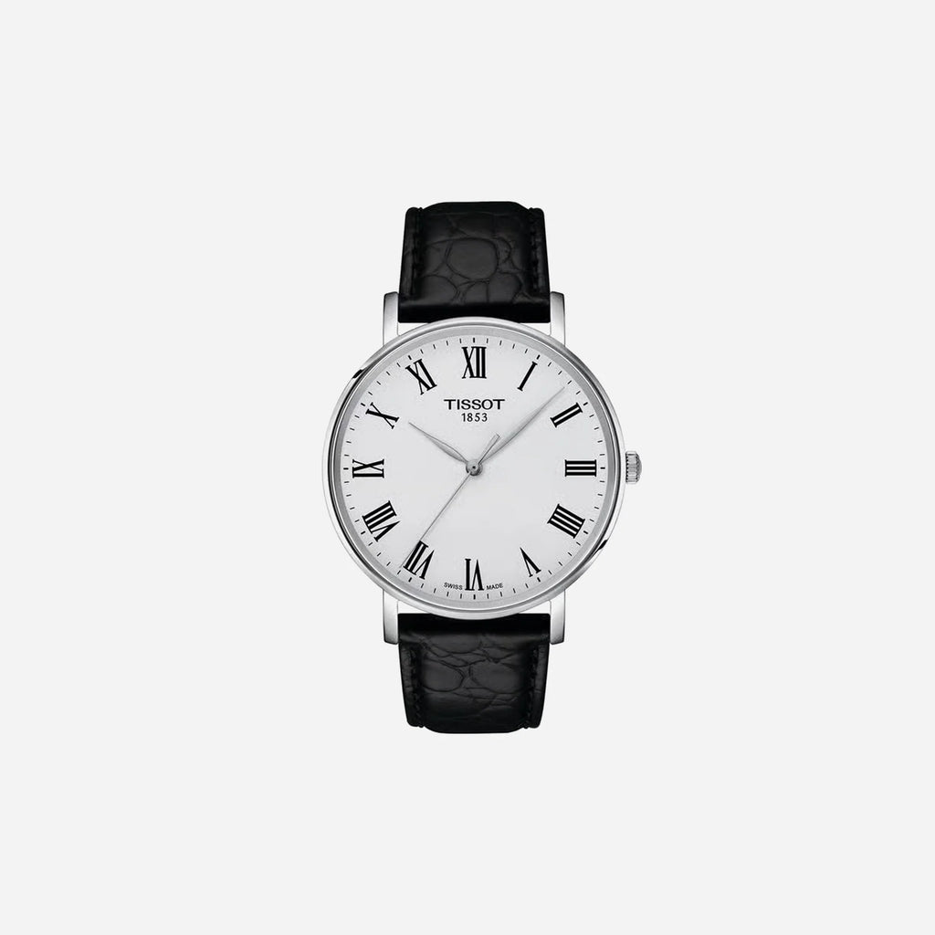 Tissot Everytime Silver Dial 40mm Black Leather Strap Quartz Watch
