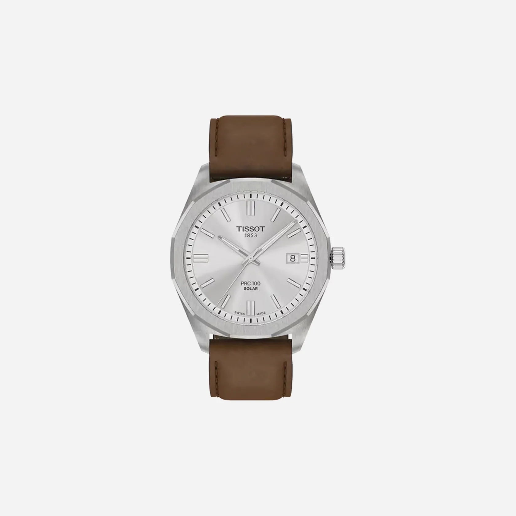 Tissot PRC 100 Solar Quartz 39mm Silver Dial Brown Leather Strap Watch