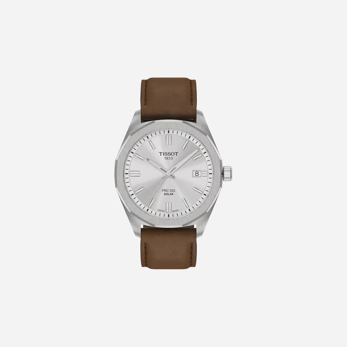 Tissot PRC 100 Solar Quartz 39mm Silver Dial Brown Leather Strap Watch