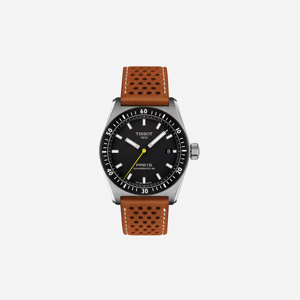 Tissot PR516 Powermatic 80 Black Dial 40mm Light Brown Leather Strap Automatic Watch