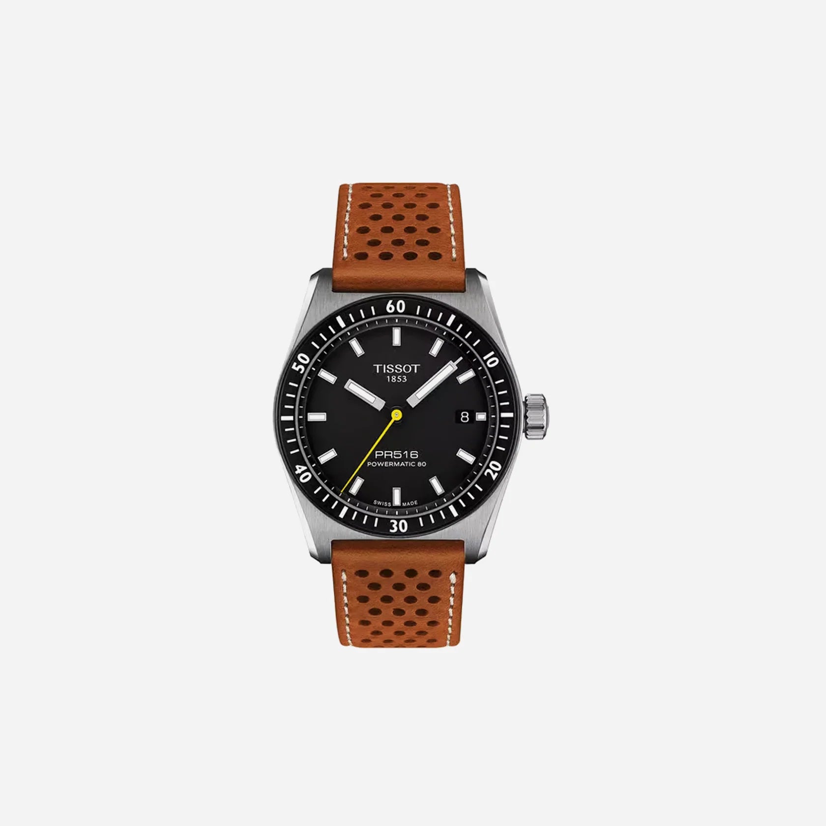 Tissot PR516 Powermatic 80 Black Dial 40mm Light Brown Leather Strap Automatic Watch