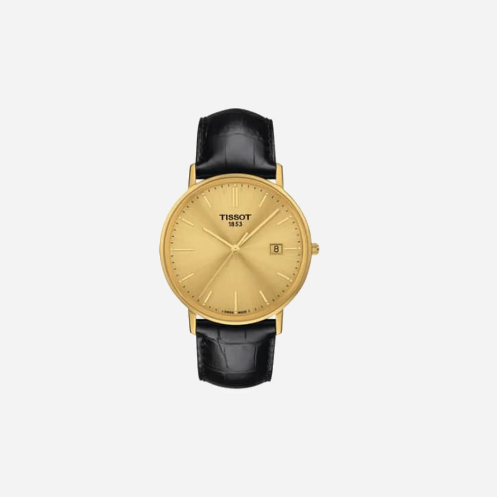 Tissot Goldrun Sapphire 18K Gold Champagne Dial Black Leather Strap Watch