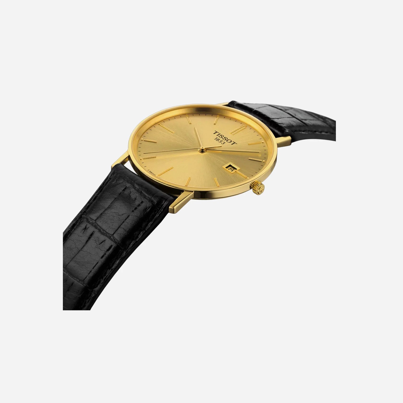 Tissot Goldrun Sapphire 18K Gold Champagne Dial Black Leather Strap Watch