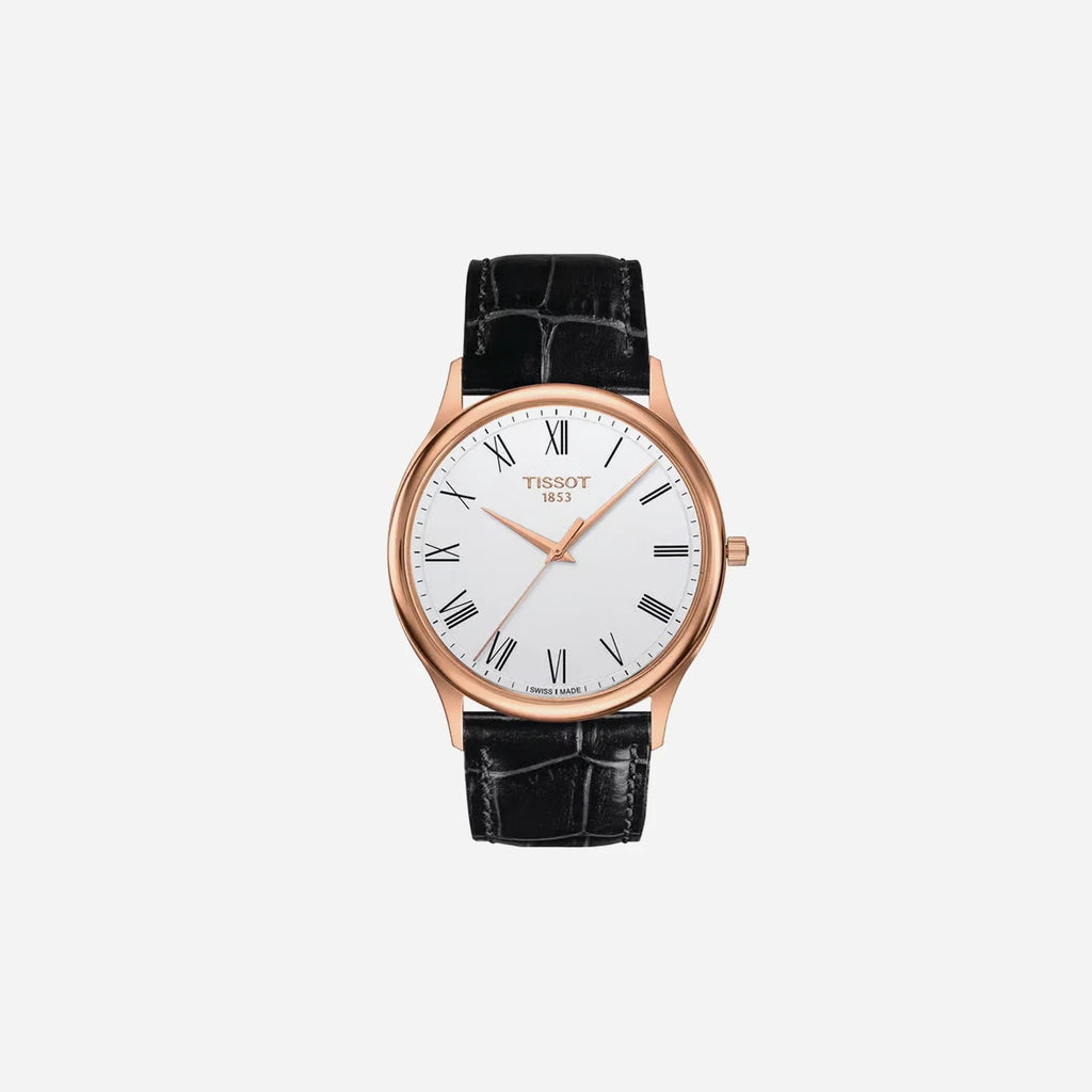 Tissot Excellence 18K Rose Gold Case Silver Opal Dial 40mm Black Leather Strap Watch
