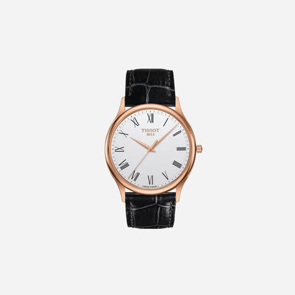 Tissot Excellence 18K Rose Gold Case Silver Opal Dial 40mm Black Leather Strap Watch