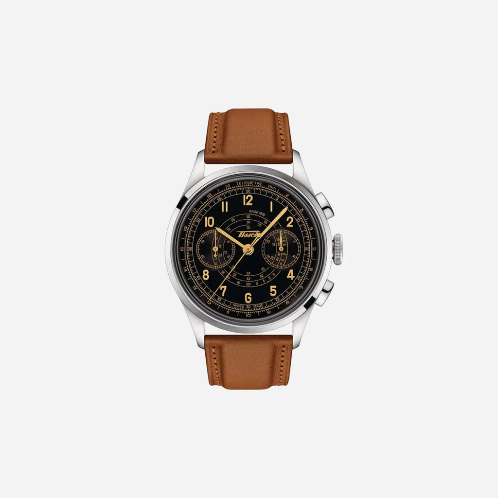 Tissot Telemeter 1938 Black Dial 42mm Light Brown Leather Strap Automatic Chronograph Watch