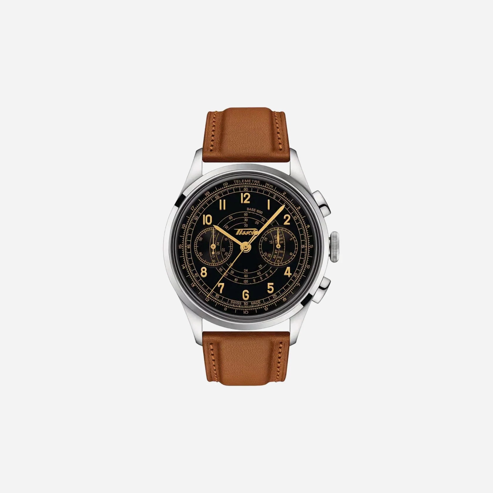 Tissot Telemeter 1938 Black Dial 42mm Light Brown Leather Strap Automatic Chronograph Watch