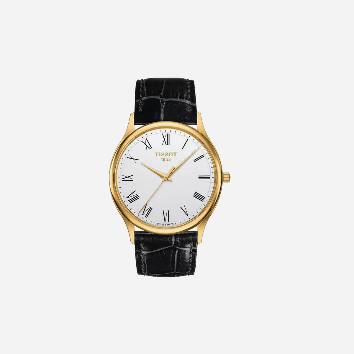 Tissot Excellence 18K Gold Silver Opalin Dial Black Leather Strap Watch
