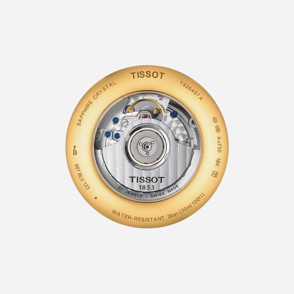 Tissot Excellence 18K Gold Silver Opalin Dial Black Leather Strap Watch