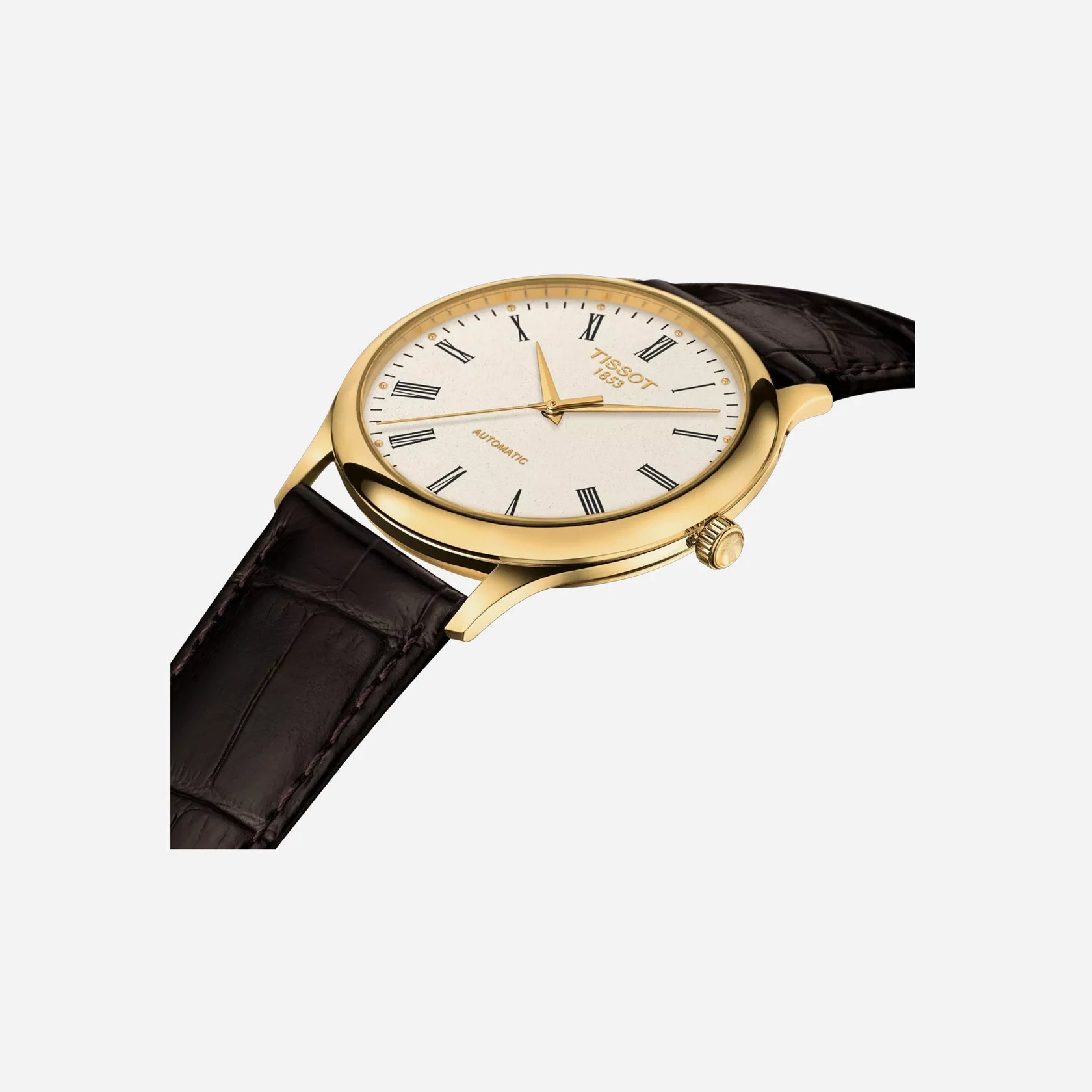 Tissot Excellence 18K Gold Silver Opalin Dial Black Leather Strap Watch