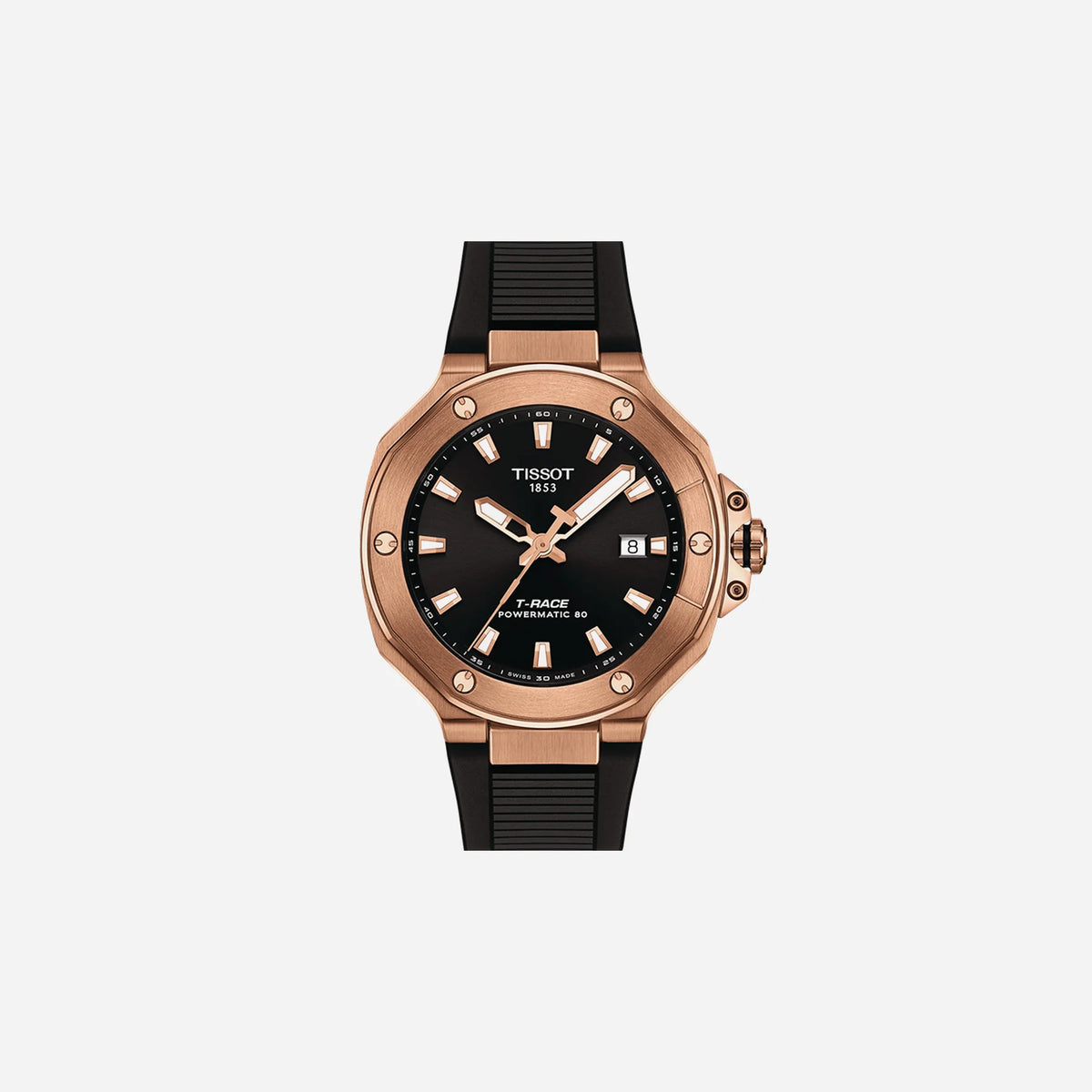Tissot T-Race Powermatic 80 41mm Rose Gold PVD Case Black Dial Black Silicone Strap