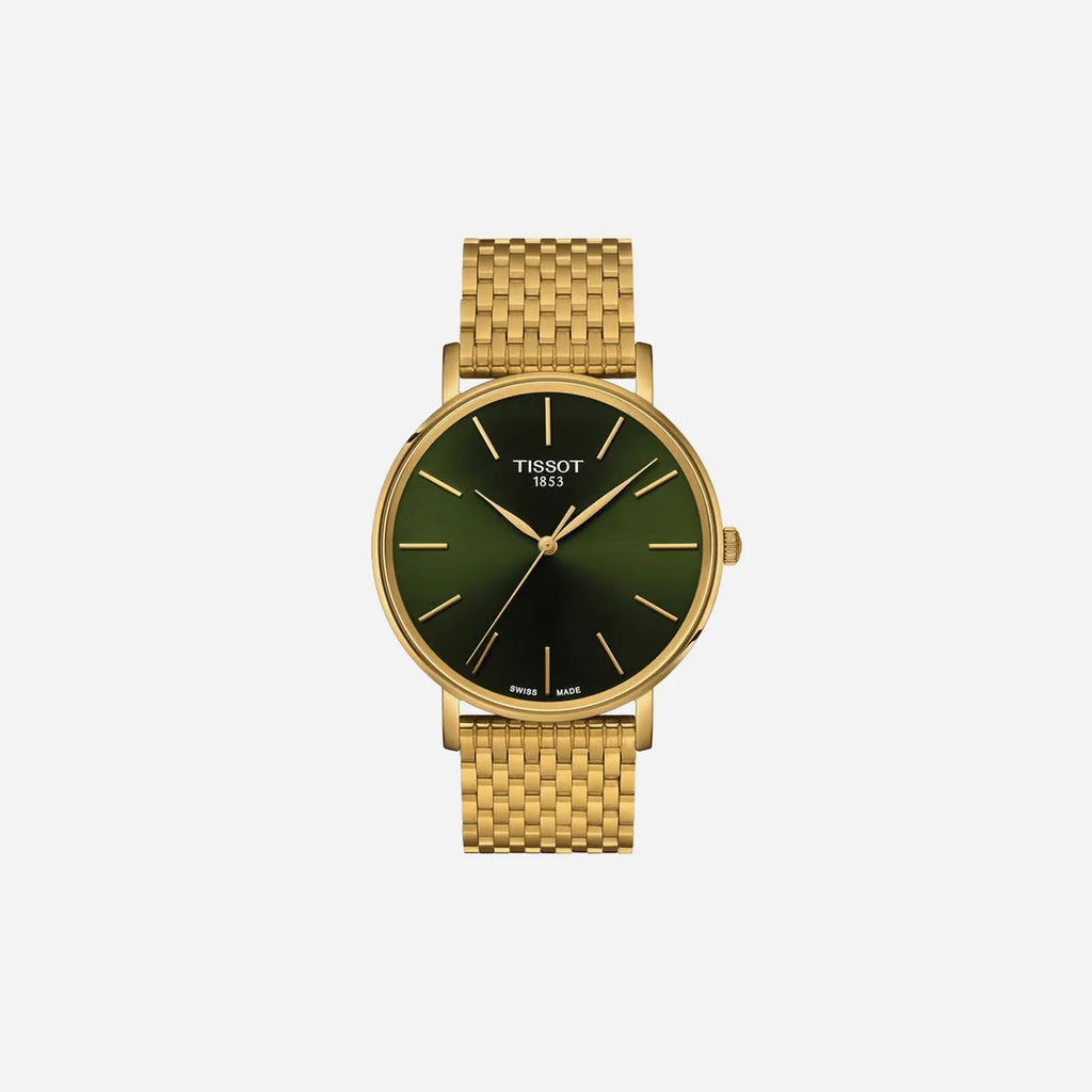 Tissot Everytime Green Dial 40mm Yellow Gold PVD Stainless Steel Bracelet Quartz Watch