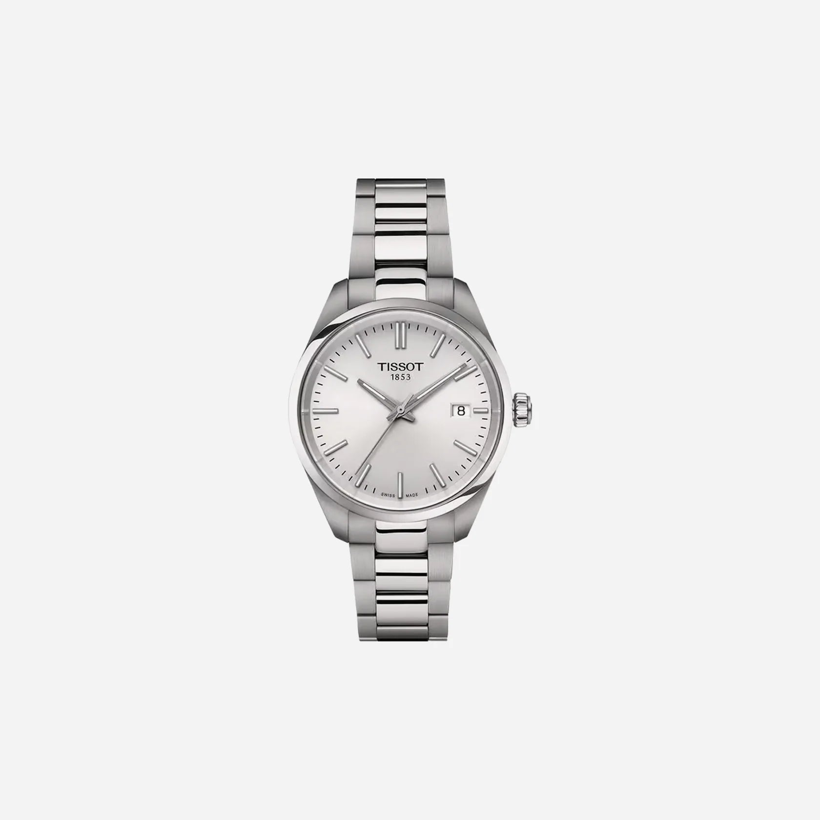 Tissot PR 100 Silver Dial 34mm Grey Bracelet Quartz Watch with Butterfly Clasp
