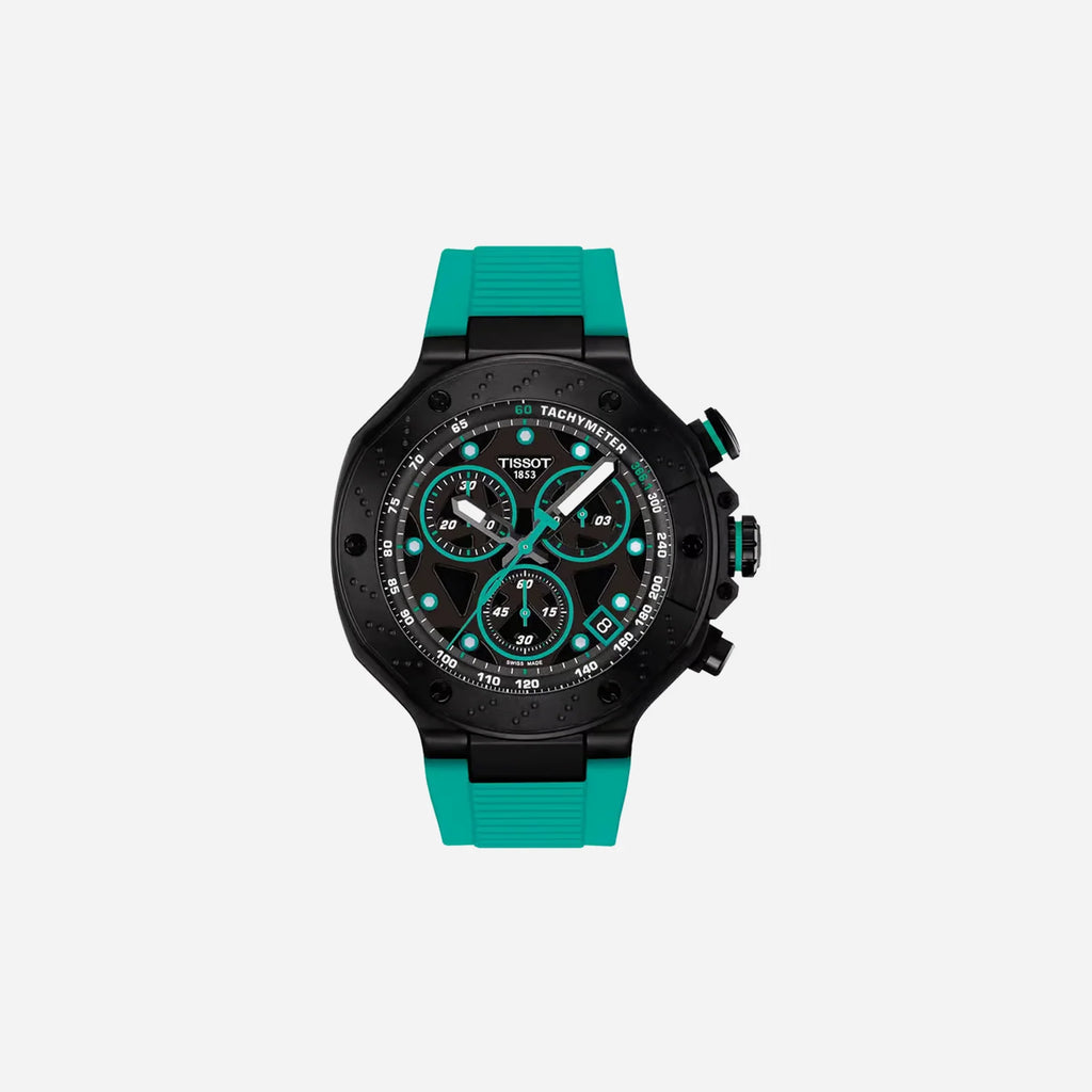 Tissot T-Race Green Silicone Strap Black Dial 45mm Quartz Chronograph Watch