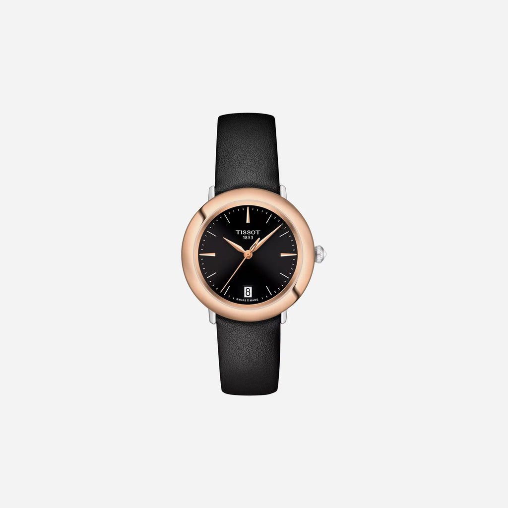 Tissot Glendora 18K Gold Black Dial 33mm Black Leather Strap Watch