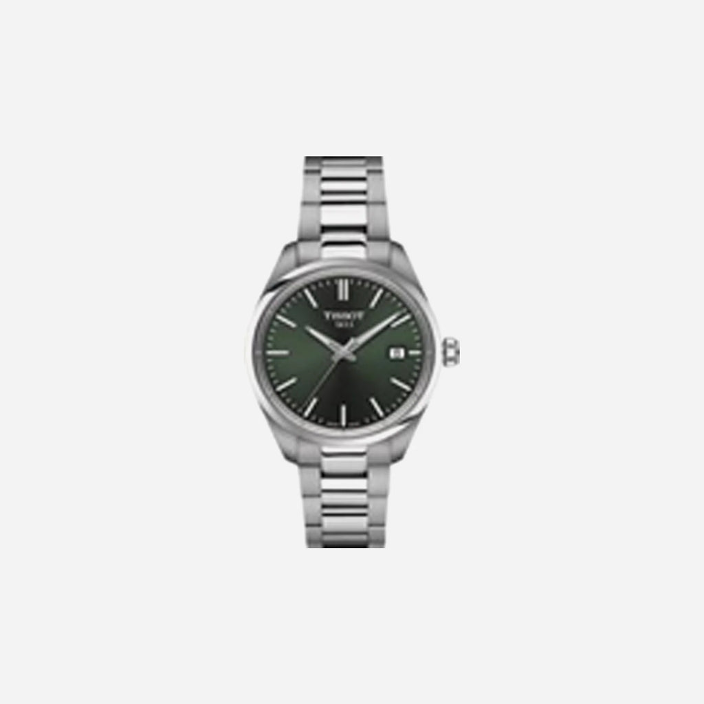 Tissot PR 100 Quartz 34mm Silver Dial Green Stainless Steel Bracelet Watch