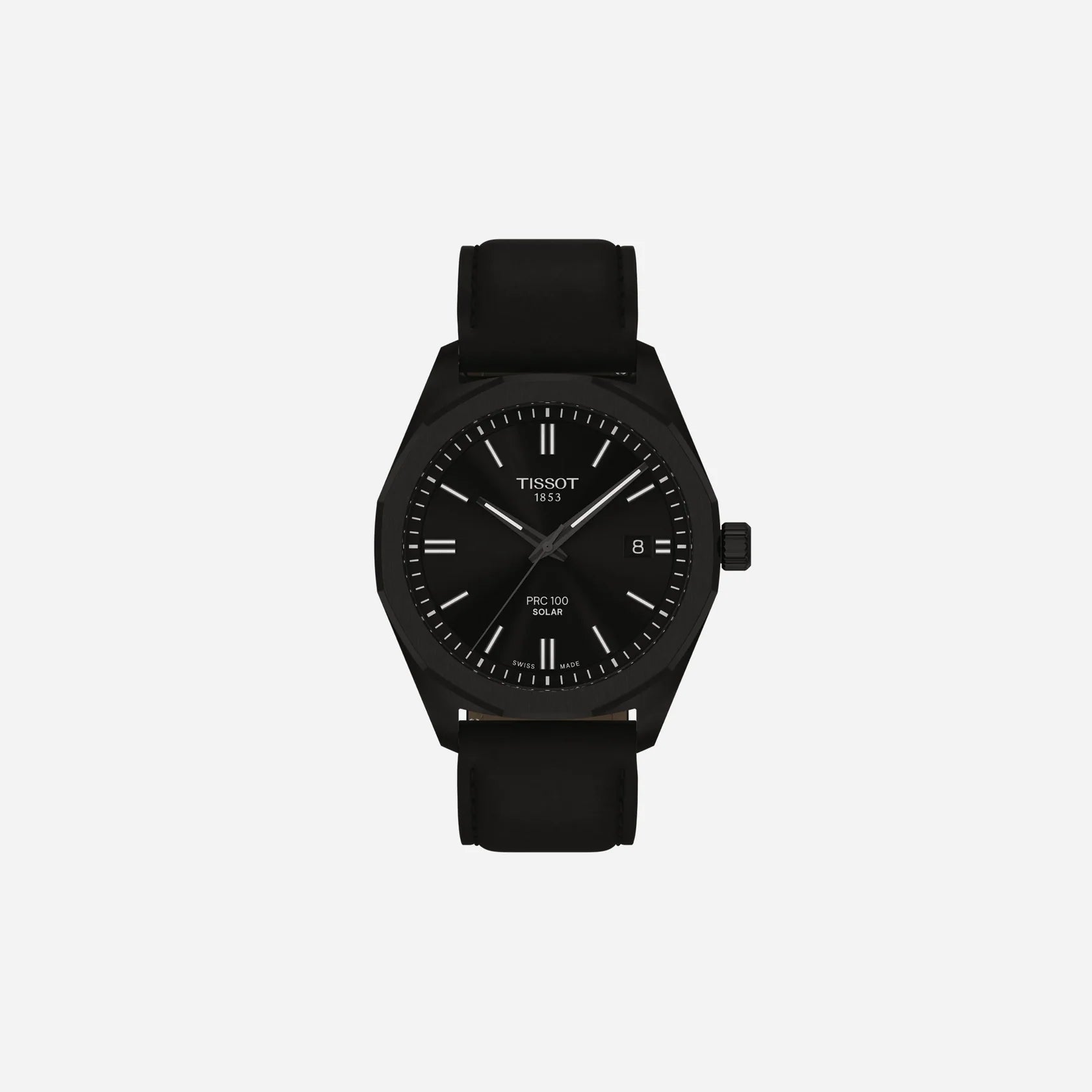 Tissot PRC 100 Solar Quartz Black Dial Black Leather Strap Watch 39mm