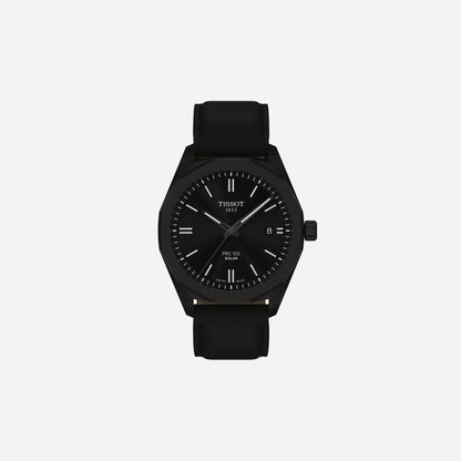 Tissot PRC 100 Solar Quartz Black Dial Black Leather Strap Watch 39mm