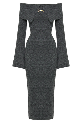 Baxter Off Shoulder Fluffy Knit Midi Dress - Charcoal