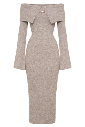Baxter Off Shoulder Fluffy Knit Midi Dress - Taupe Marle