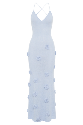 Suki Knit Maxi Dress With Flowers - Light Blue