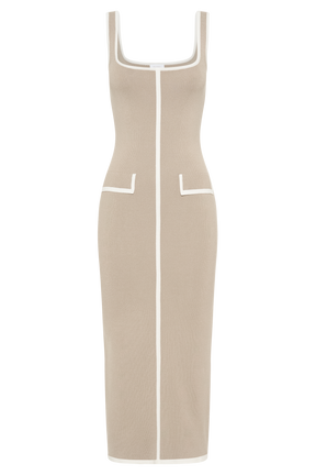 Eimear Contrast Knit Midi Dress - Taupe & Ivory