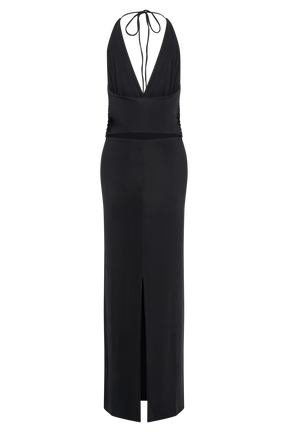 Tyla Draped Slinky Halter Maxi Dress - Black