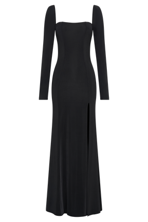 Desirie Slinky Long Sleeve Maxi Dress With Split - Black