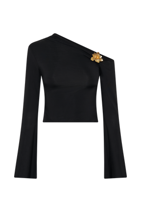 Ainsley Asymmetrical Long Sleeve Top With Floral Hardware - Black