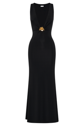 Beck Plunge Maxi Dress With Floral Hardware - Black