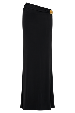 Ainsley Asymmetrical Maxi Skirt With Floral Hardware - Black