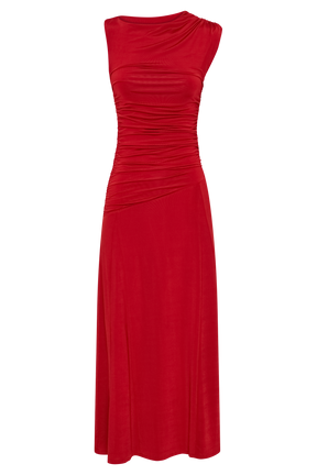Navanna Asymmetric Slinky Midi Dress - Red