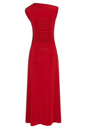 Navanna Asymmetric Slinky Midi Dress - Red
