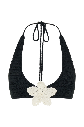 Rhiannon Floral Crochet Halter Bikini Top - Black And White