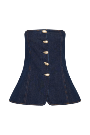 Lennox Strapless Long Line Button Top - Indigo Blue