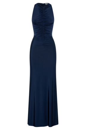 Priya Slinky Ruched Halter Maxi Dress - Navy
