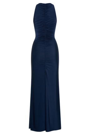 Priya Slinky Ruched Halter Maxi Dress - Navy