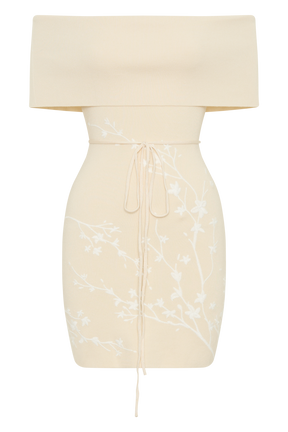 Mallory Off Shoulder Embroidered Knit Mini Dress - Cream And Ivory