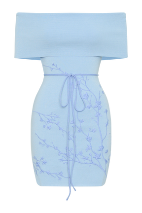 Mallory Off Shoulder Embroidered Knit Mini Dress - Ice Blue