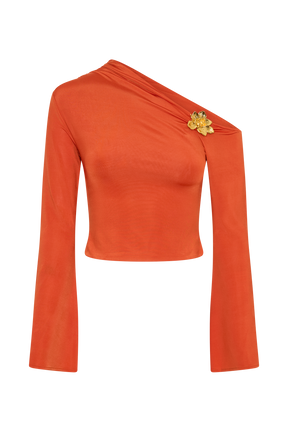 Ainsley Asymmetrical Long Sleeve Top With Floral Hardware - Burnt Orange