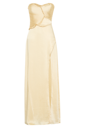 Larissa Satin Maxi Dress With Ruched Petals - Lemon