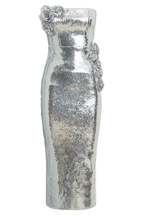 Cassia Strapless Sequin Rose Midi Dress - Silver