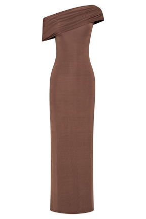 Cassandra Off Shoulder Slinky Maxi Dress - Chocolate