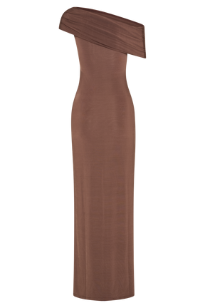 Cassandra Off Shoulder Slinky Maxi Dress - Chocolate