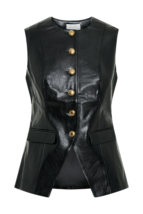 Coralia Faux Leather Sleeveless Vest - Black